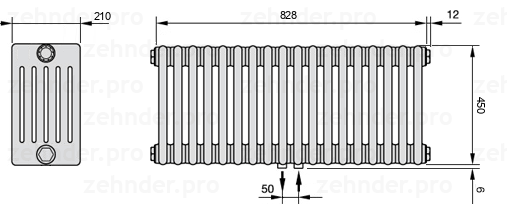 Схема (чертеж) Радиатор Zehnder Charleston 6045/18 №5410 Белый глянцевый RAL 9016
